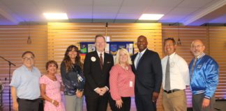 Nate Turner, San Marino High School’s new varsity football coach, was the keynote speaker at last Thursday’s meeting of the Rotary Club of San Marino. Accompanying Turner to the meeting were (left to right) San Marino School board member C. Joseph Chang, Stephanie Duncan, president of PT Affiliates, Assistant Superintendent Lena Richter, San Marino High School principal Dr. Benjamin Wolf, San Marino Superintendent Linda de la Torre, Turner, San Marino High School athletic director David Irie and Rotarian Fred Sohl.