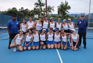 PHOTO: provided by Lady Titan Tennis | San Marino Weekly | SMHS Lady Titans Varsity Tennis L-R: back row, Melwin Pereira (Coach), Jaylee Wee, Angela Wang, Audrey Ranabargar, Olivia Hsu, Taylor Hong, Mia Lin, Emily Xue, Sarah Tran, Antoine Saba (Assistant Coach). Front row, Elliana Wang, Manami Hayashi, Kate Chung, Alexa Hong, Selene Yung (Co-Captain), Carina Yang (Co-Captain), Katie-Lynn Hoang, Kate Kohn.