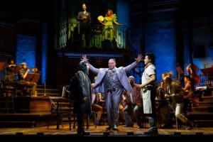 PHOTO: T Charles Erickson | San Marino Weekly | (from top left clockwise) Matthew Patrick Quinn, Lana Gordon, J. Antonio Rodriguez, Will Mann, Amaya Braganza and company in the Hadestown North American Tour 2023