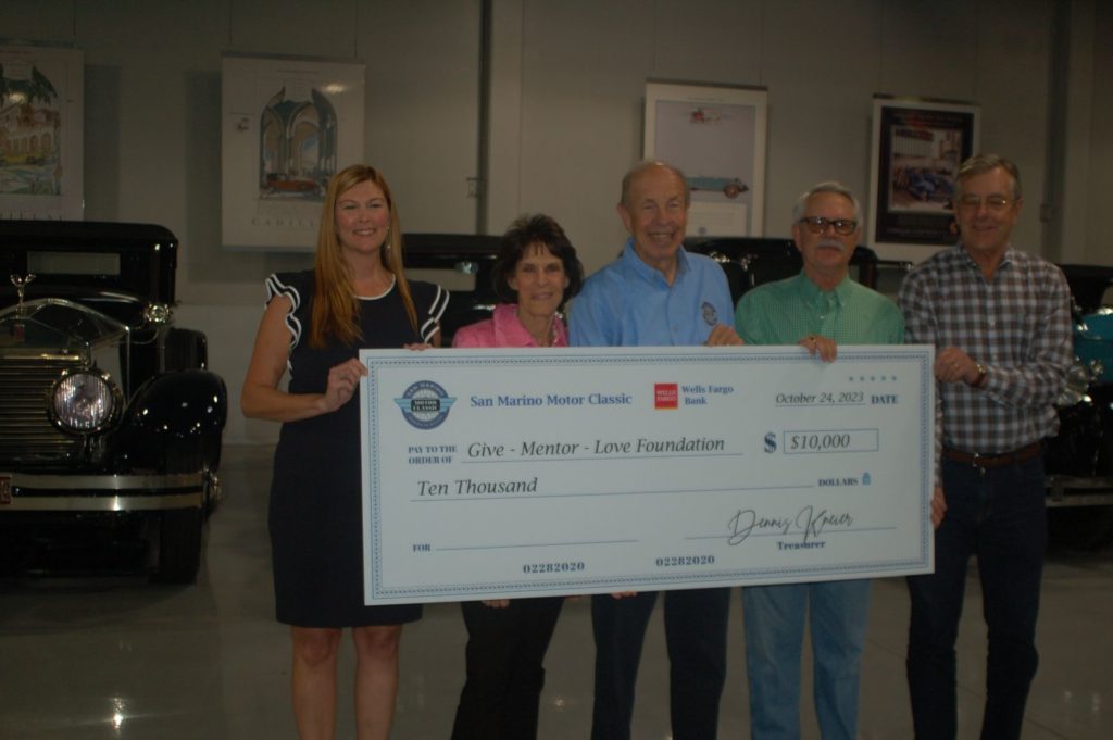 PHOTO: provided by San Marino Motor Classic | A representative from Give Mentor Love Foundation, Valerie Gumbiner Weiss, Aaron Weiss, Bill Whitney, Steve Russell.