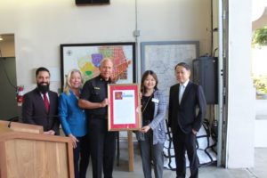 PHOTO: MItch Lehman | San Marino Weekly | SMFD 100th Anniversary Event | (L to R) City Manager Philippe Eskandar, Councilmember Gretchen Shepherd Romey, Fire Chief Mario Rueda, Erica Nam District Representative at Office of Senator Anthony Portantino, Vice Mayor Steven Huang