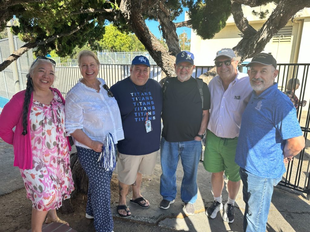 PHOTO: provided by SMHS Class of '78 | San Marino Weekly | Michael White Adobe Reception: left to right Melanie Nagahiro, Avery Bayle Barth, Jose Caire, Burt Kanner, Steve Mott, Fred Sohl.