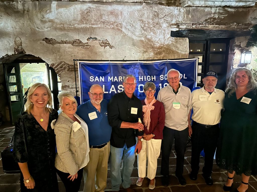 PHOTO: provided by SMHS Class of 1978 | San Marino Weekly | Left to right: Laurie Dryden Modean, Dr. Linda de la Torre, Burt Kanner, Jeff Stroud, Kristin Koiles, Scott Cameron, Martin Udell, Kathryn Oliveros
