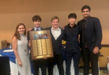 PHOTO: Mitch Lehman | San Marino Weekly | Four Titans were presented with the Dann V. Angeloff Extra Mile Award at the team's banquet on November 29, 2023. The awards were presented by Jenny Singhal, left, in honor of her brother Dann.